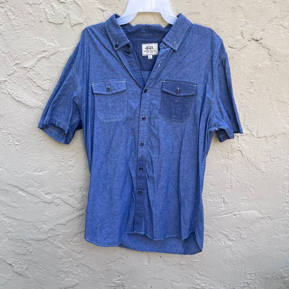 Ecko Unltd Men's Blue Short Sleeve Button Shirt - Size L Dual Pocket Chambray